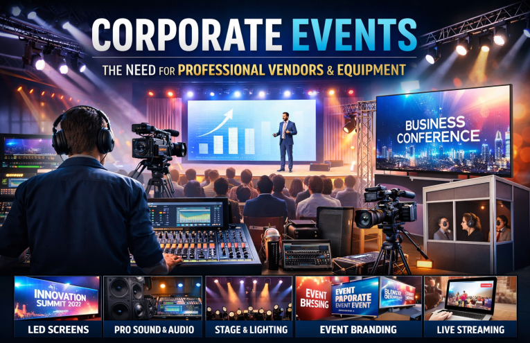corporate events, corporate event management, corporate event equipment, corporate event vendors, LED screens for events, SMD screens for corporate events, professional sound systems for events, stage lighting for events, event branding services, corporate conference equipment, event management company, corporate event production, event staging services, live streaming corporate events, event technology solutions