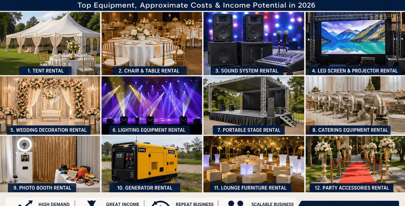 15 Profitable Event Equipment Rental Businesses Costs, Income & Most-Rented Equipment in 2026